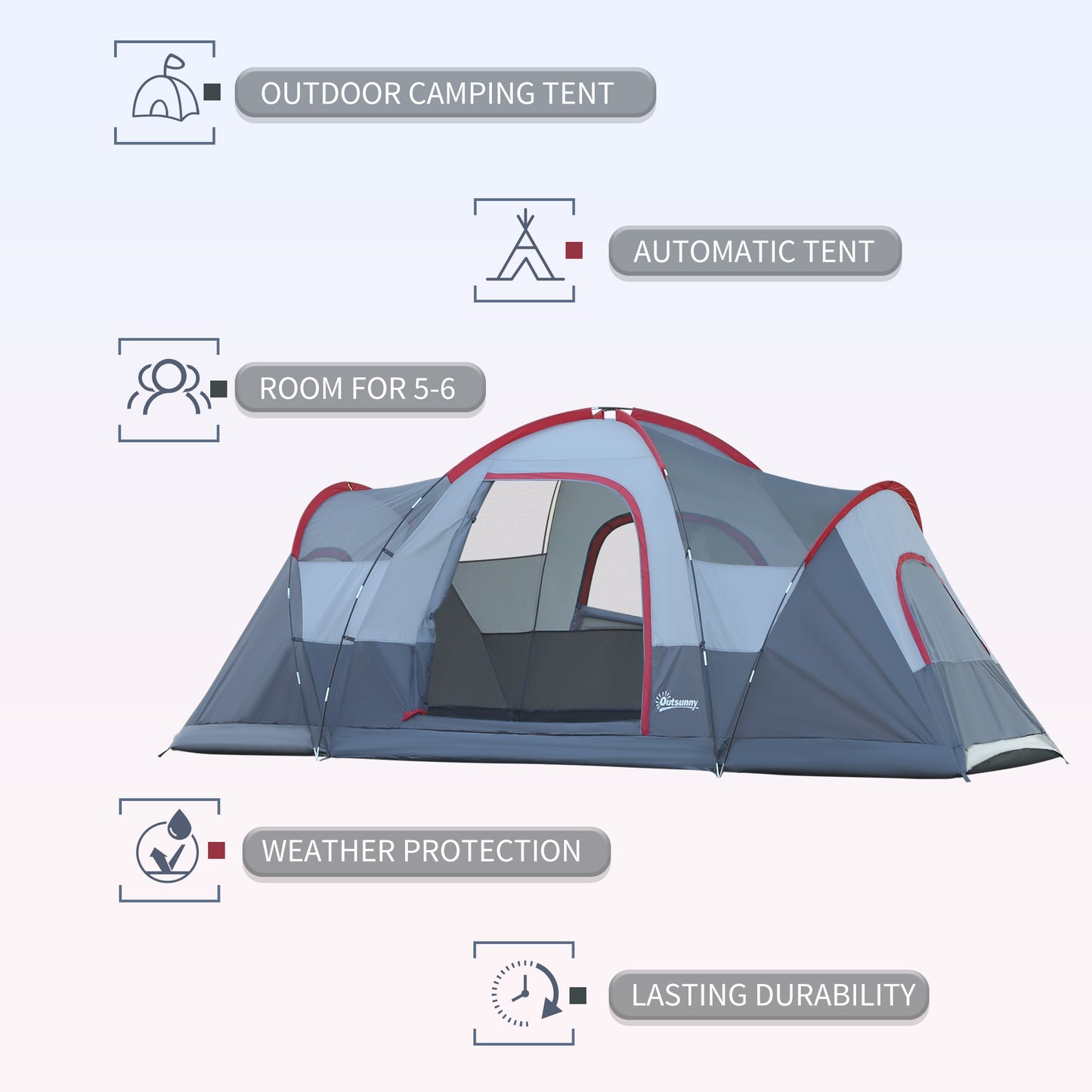 Outsunny 5-6 Man Dome Camping Tent Hiking Shelter UV Protection Water Resistant Tunnel Sun Shade - Grey
