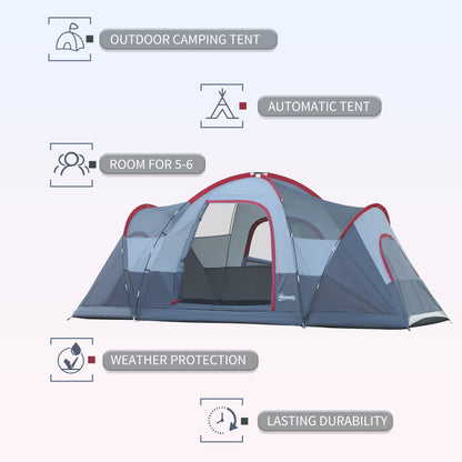 Outsunny 5-6 Man Dome Camping Tent Hiking Shelter UV Protection Water Resistant Tunnel Sun Shade - Grey