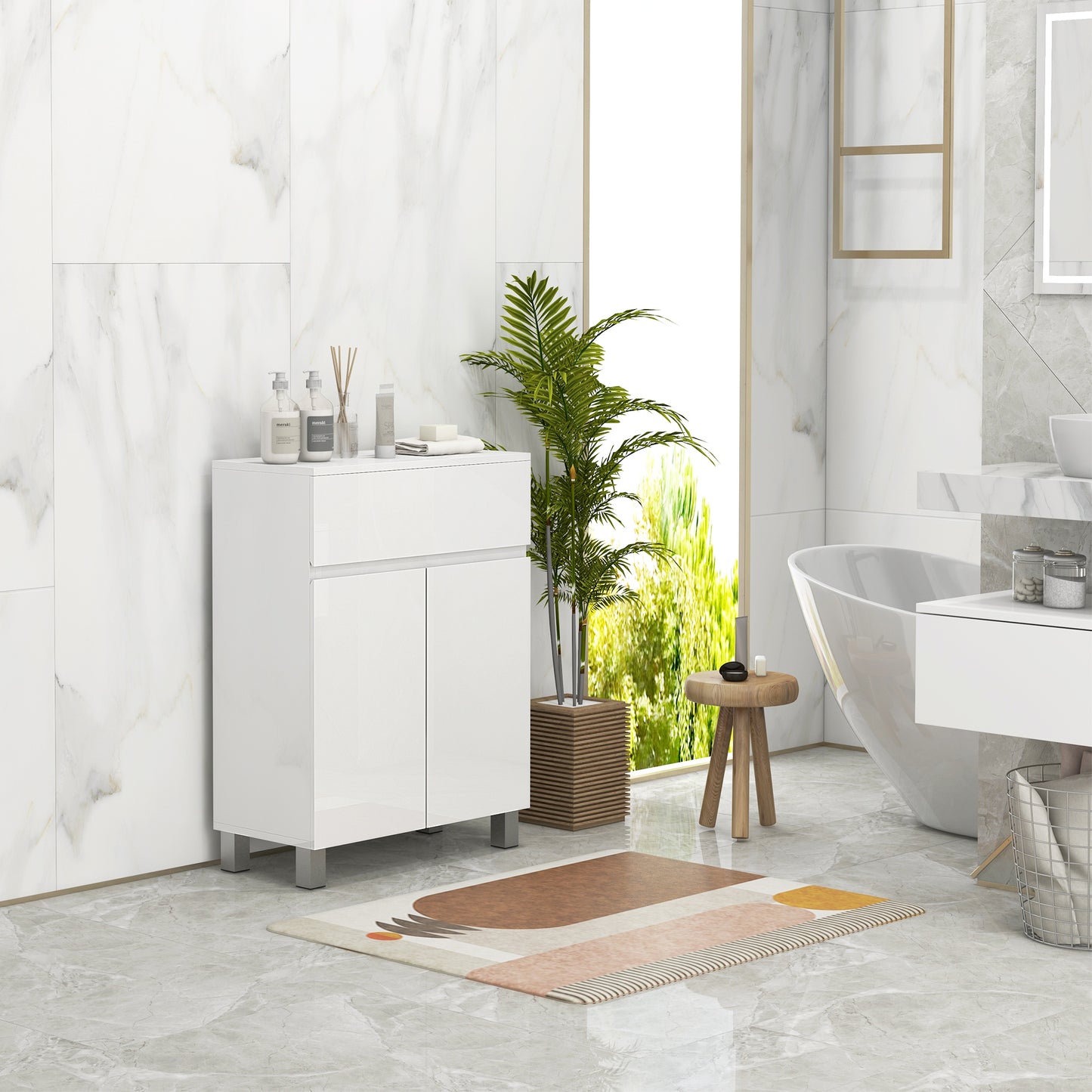 Kleankin Freestanding Bathroom Cabinet, High Gloss Storage Cabinet with Doors and Adjustable Shelf, 60 x 30 x 80 cm, White
