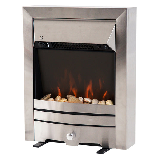 2KW Electric Fireplace Pebble Burning Effect Heater Fire Flame Indoor Stove LED Lighting - Stainless Steel