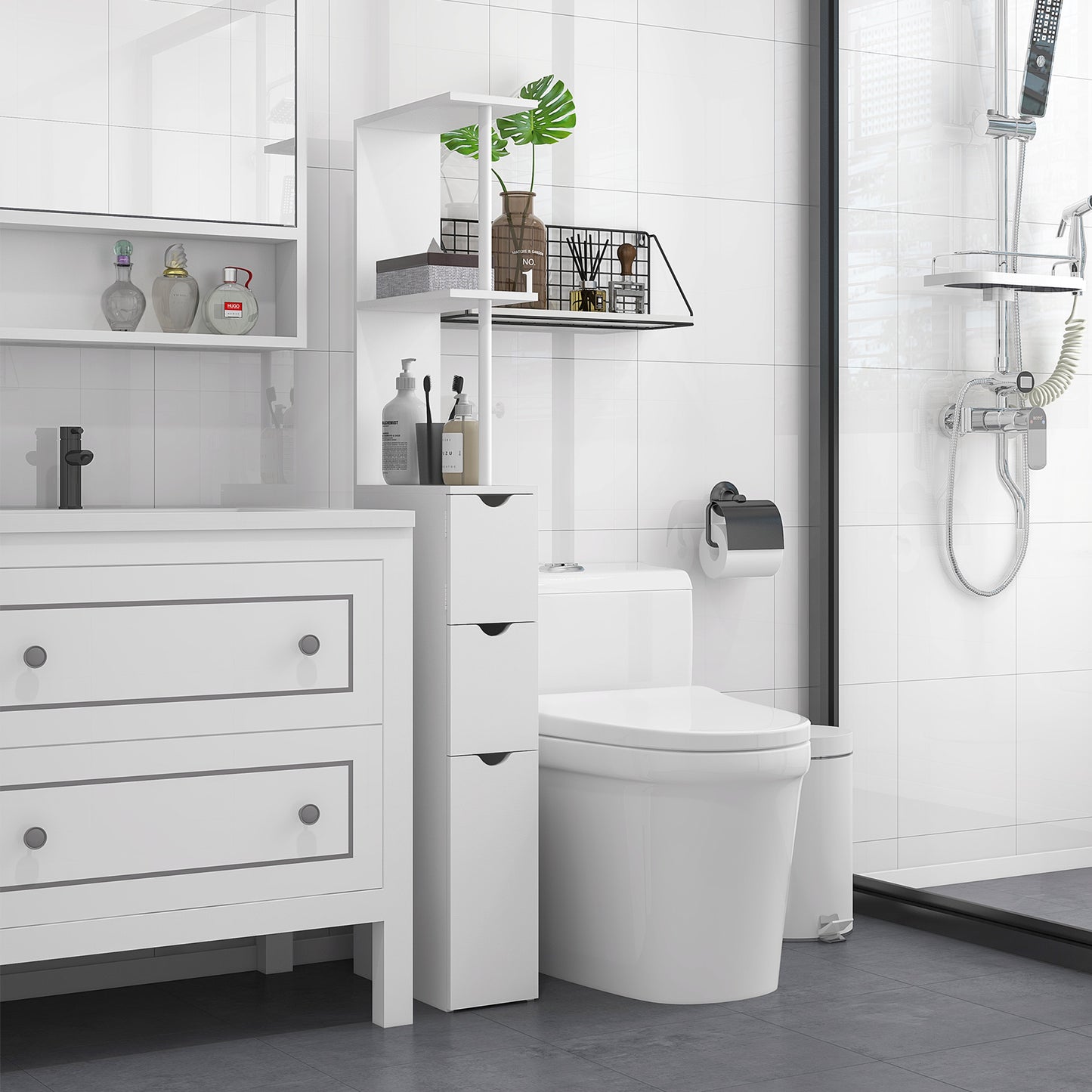 Kleankin Slim Bathroom Storage Cabinet with Drawers, Tall Bathroom Cupboard with 2-Tier Shelf, White