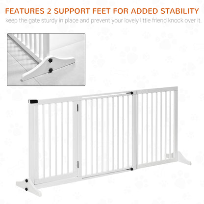 PawHut Adjustable Wooden Pet Baby Gate Freestanding Dog Barrier Fence Doorway 3 Panels Safety Gate w/ Lockable Door White 71H x 113-166W cm