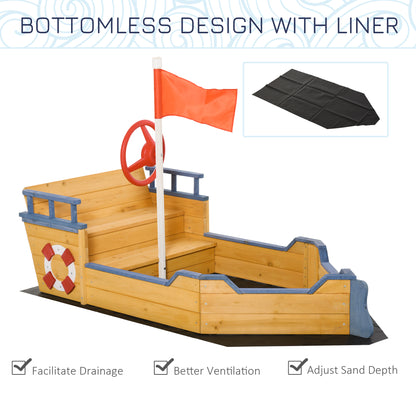 Outsunny Kids Wooden Sandpit Children Sandbox Pirate Ship Sandboat Outdoor Backyard Playset Play Station w/ Bench Bottom Liner