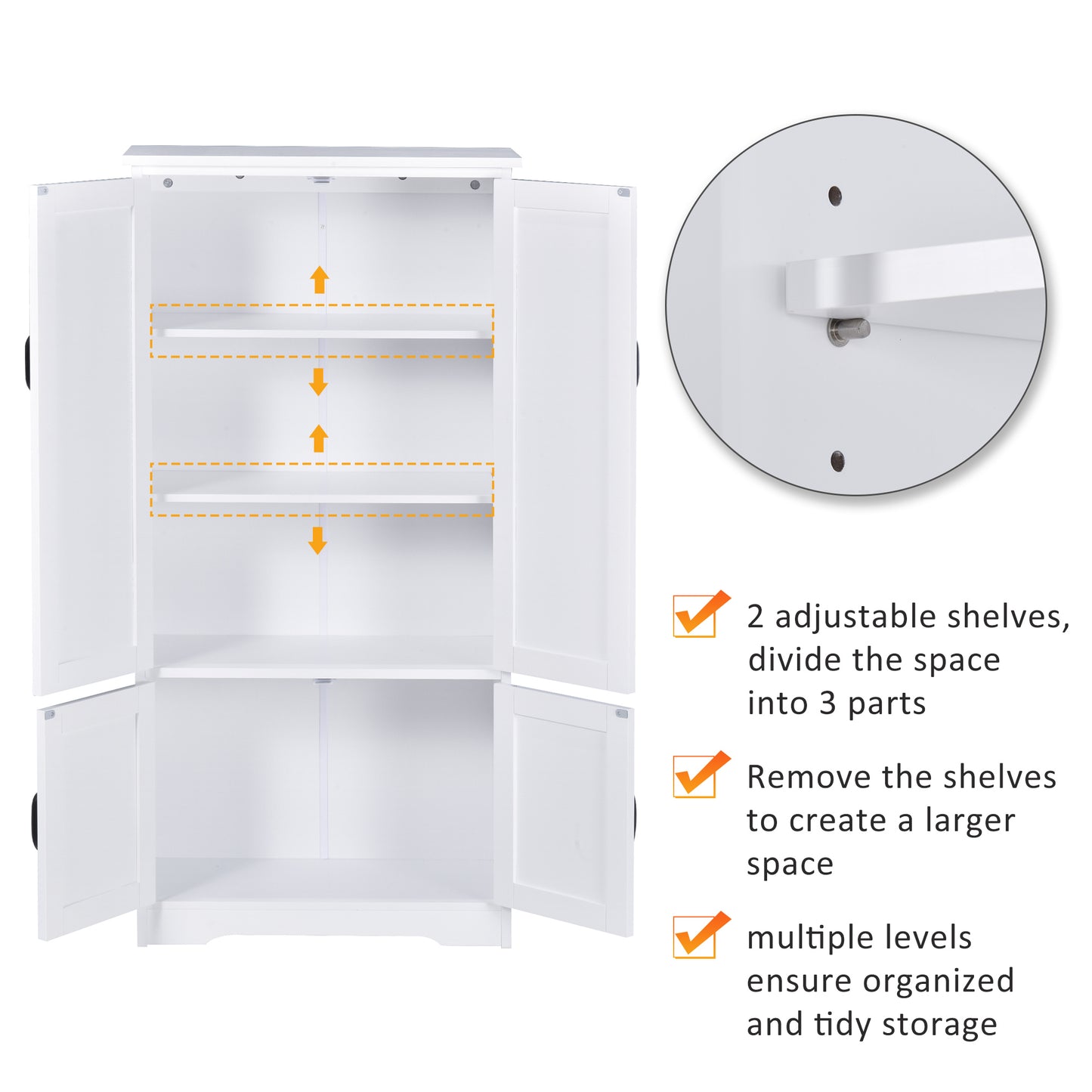 Accent Floor Storage Cabinet Kitchen Pantry with Adjustable Shelves and 2 Lower Doors, White