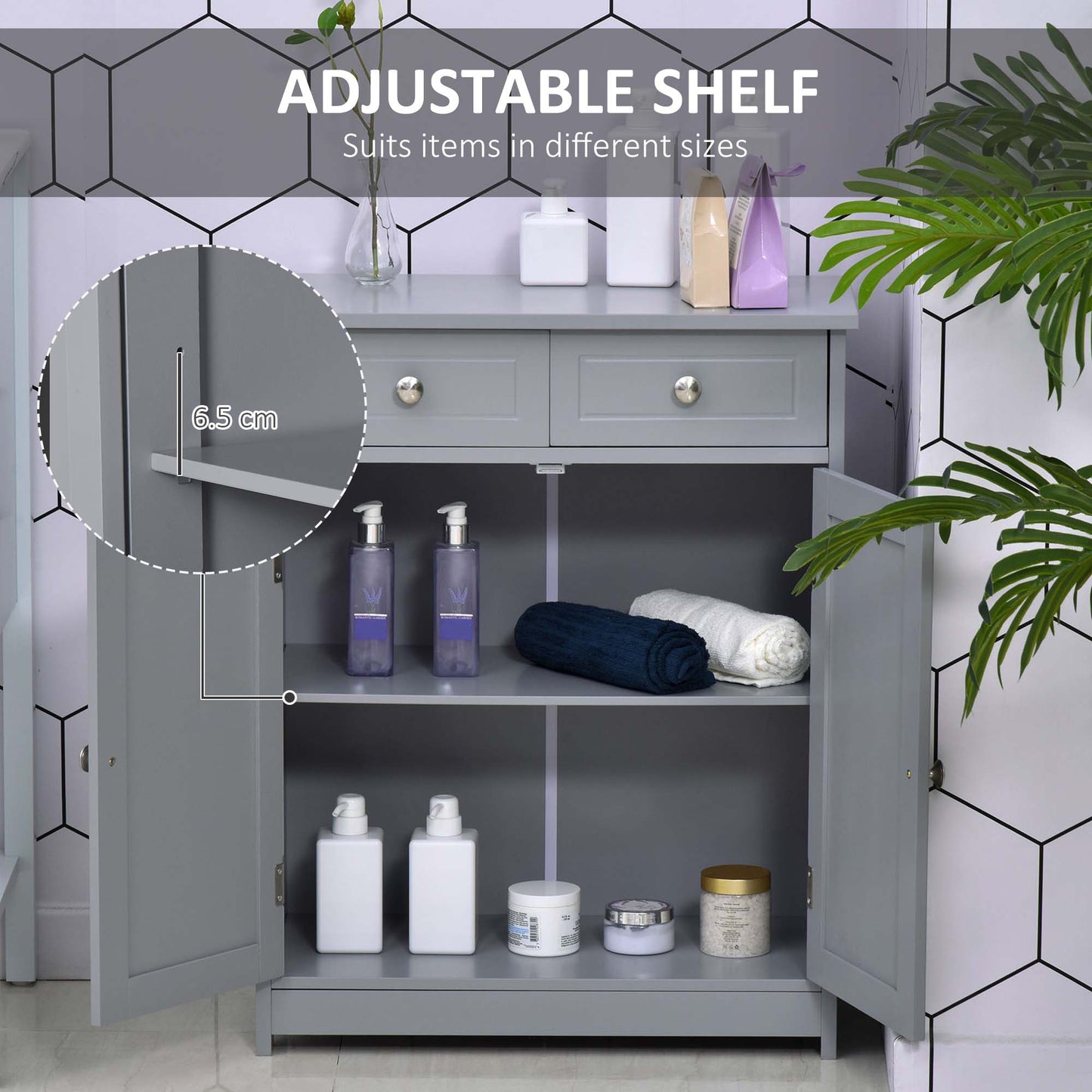 Kleankin Bathroom Storage Cabinet Free-Standing Bathroom Cabinet Unit w/ 2 Drawers Cupboard Adjustable Shelf Handles Traditional Style 75x60cm Grey