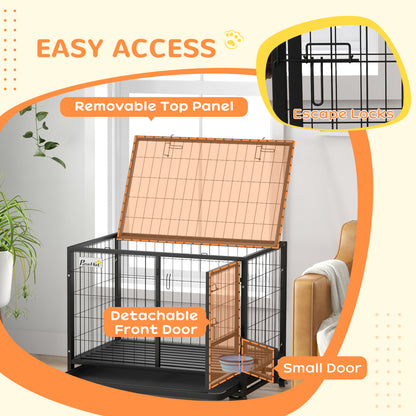 Dog Crate on Wheels | Double Doors | Bowl Holder & Foldable Bowl | Removable Tray | Detachable Top | Medium & Large Dogs up to 30kg | 92 x 62 x 73cm | Black