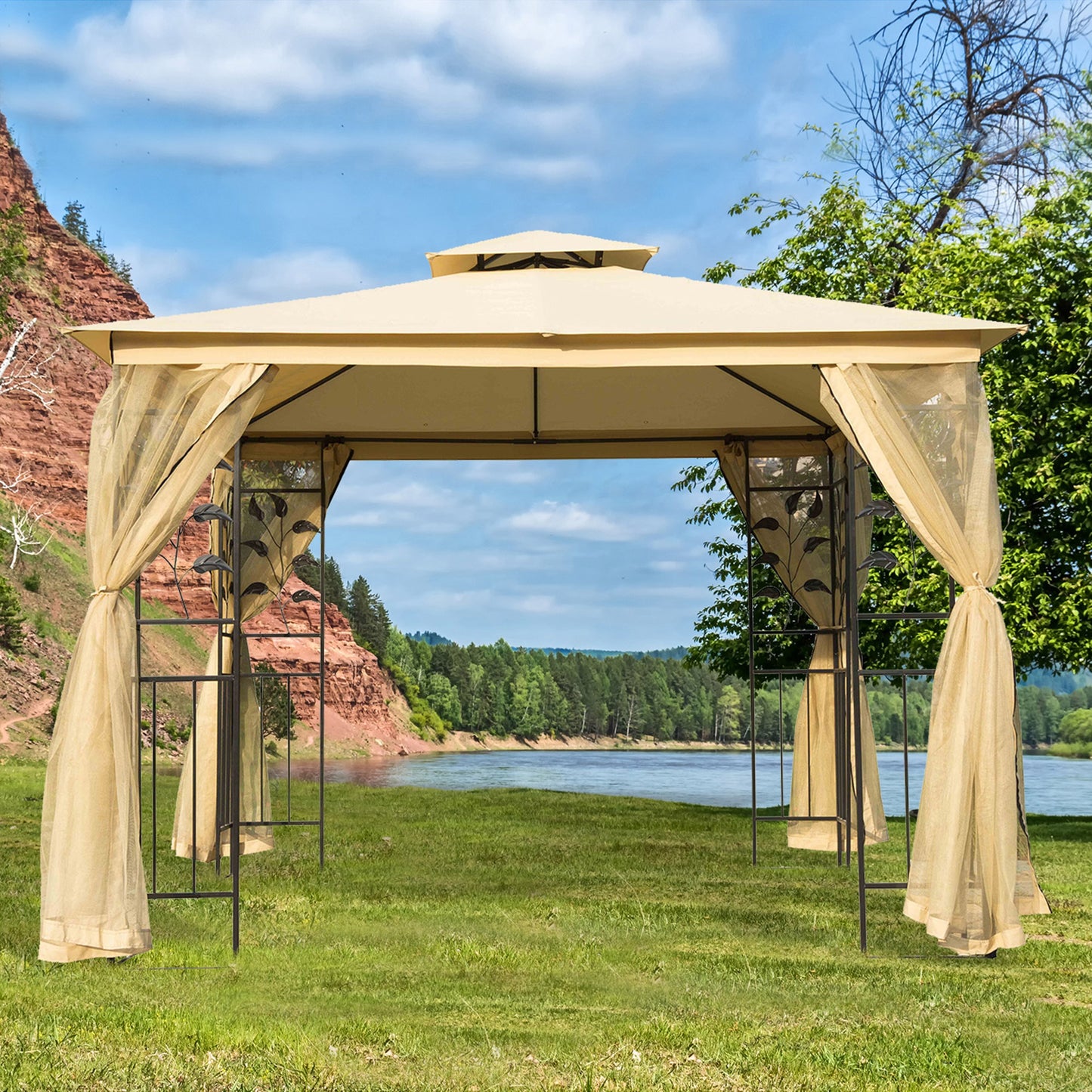 Outsunny 3x3 m Double Top Gazebo-Beige