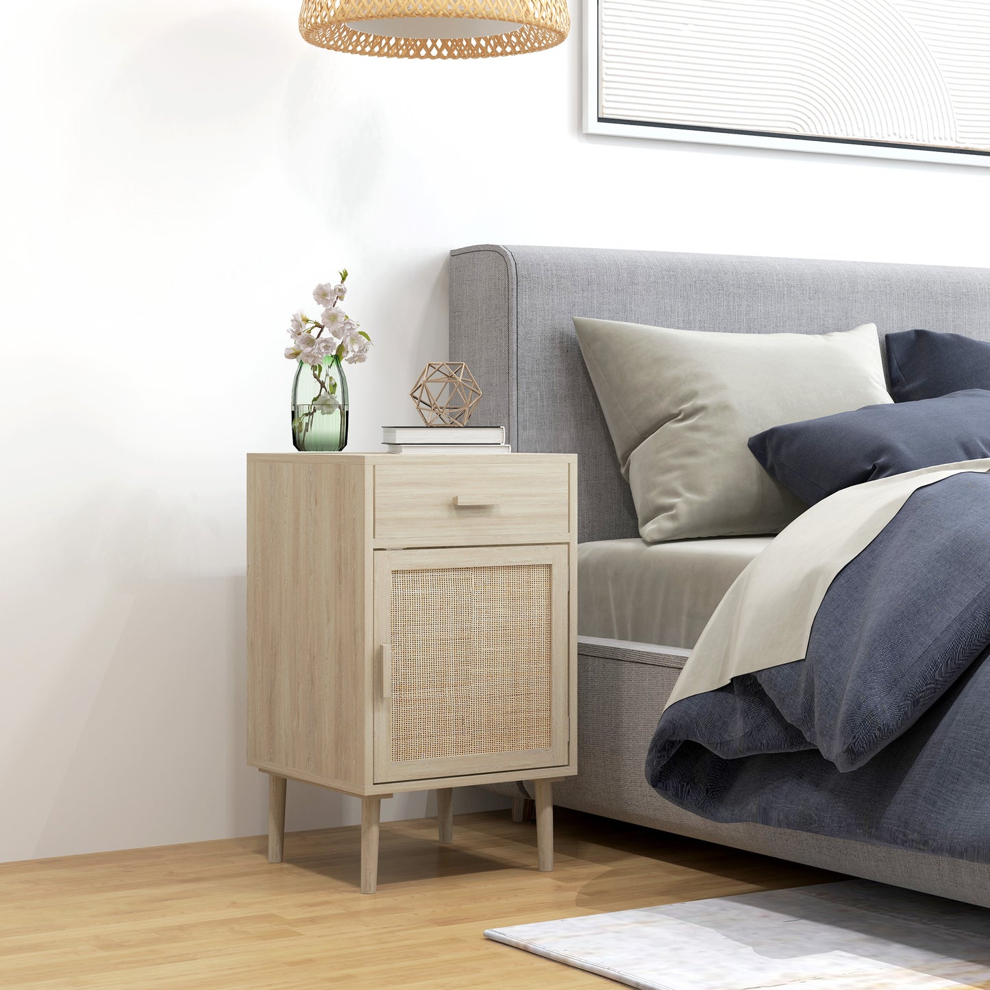 Set of 2 Bedside Rattan Side Tables W/ Drawer, Cabinet, Adjustable Shelf W/ Storage for Bedroom, Living Room, Natural Wood Effect