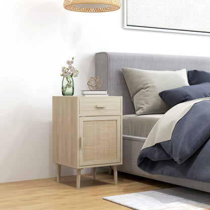 Set of 2 Bedside Rattan Side Tables W/ Drawer, Cabinet, Adjustable Shelf W/ Storage for Bedroom, Living Room, Natural Wood Effect