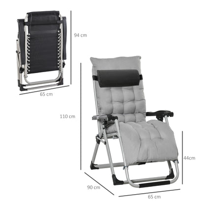 Outsunny 2 Piece Reclining Zero Gravity Chair Folding Garden Sun Lounger with Cushion Headrest Light Grey