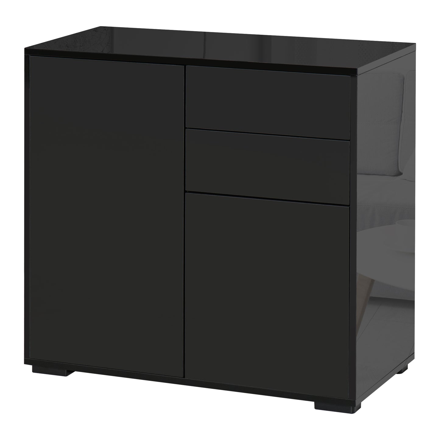 High Gloss Sideboard, Side Cabinet, Push-Open Design with 2 Drawer for Living Room, Bedroom, Black