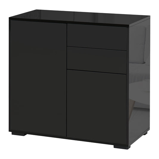 High Gloss Sideboard, Side Cabinet, Push-Open Design with 2 Drawer for Living Room, Bedroom, Black