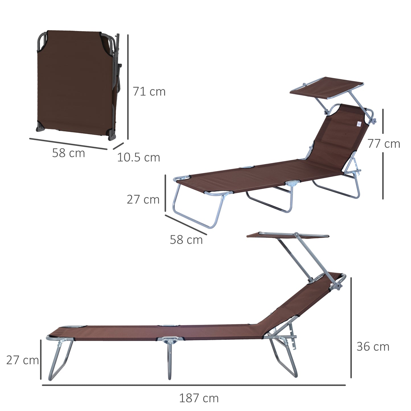 Outsunny 2 Pieces Outdoor Foldable Sun Lounger Set with Removeable Shade Canopy, Patio Recliner Sun Lounger with Adjustable Backrest with Mesh Fabric, Brown