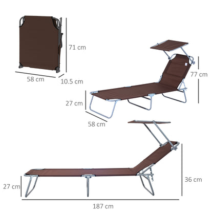 Outsunny 2 Pieces Outdoor Foldable Sun Lounger Set with Removeable Shade Canopy, Patio Recliner Sun Lounger with Adjustable Backrest with Mesh Fabric, Brown