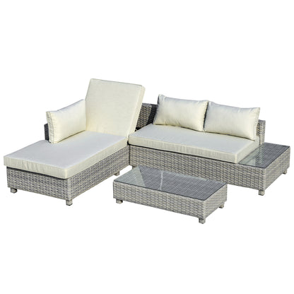 Outsunny 3 Pieces Outdoor PE Rattan Sofa Set, Patio Wicker Sectional Conversation Aluminium Frame Furniture Set, 4-Level Adjust Backrest Chaise Lounge