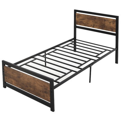 Single Metal Bed Frame with Headboard & Footboard, Strong Slat Support Solid Bedstead Base w/ Underbed Storage Space, No Box Spring Needed