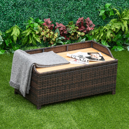 Outsunny Patio PE Rattan Wicker Storage Basket Box Bench Seat Furniture w/ Cushion Brown