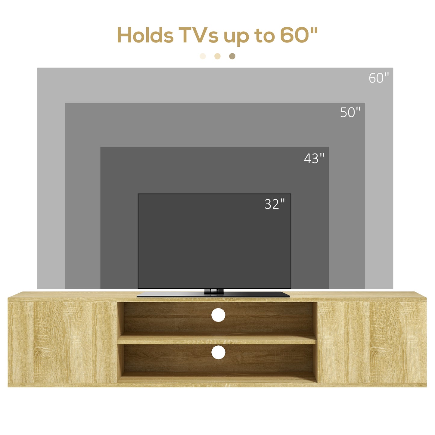 Floating TV Stand Cabinet for TVs up to 60", Wall Mounted TV Unit with Open Shelf, Storage Cupboards and Cable Management