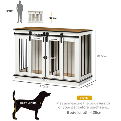 Dog Crate Furniture Side Table | Removable Divider | Double Sliding Doors | Large Dog or 2 Small Dogs | 120 x 60 x 88.5cm | White & Oak