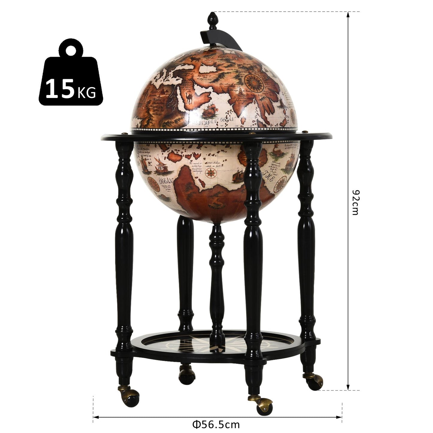 Unique Globe Drinks Cabinet Wood Frame 3 Compartments Bottles Glasses w/ Bottom Shelf 4 Wheels Elegant Antique Movable Safe Storage