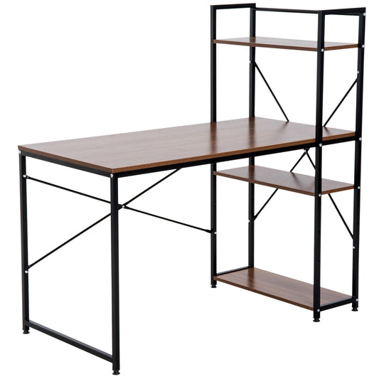 Computer Desk PC Table  Study Workstation Home Office with 4-tier Bookshelf Storage Metal Frame Wooden Top (Walnut & Black)