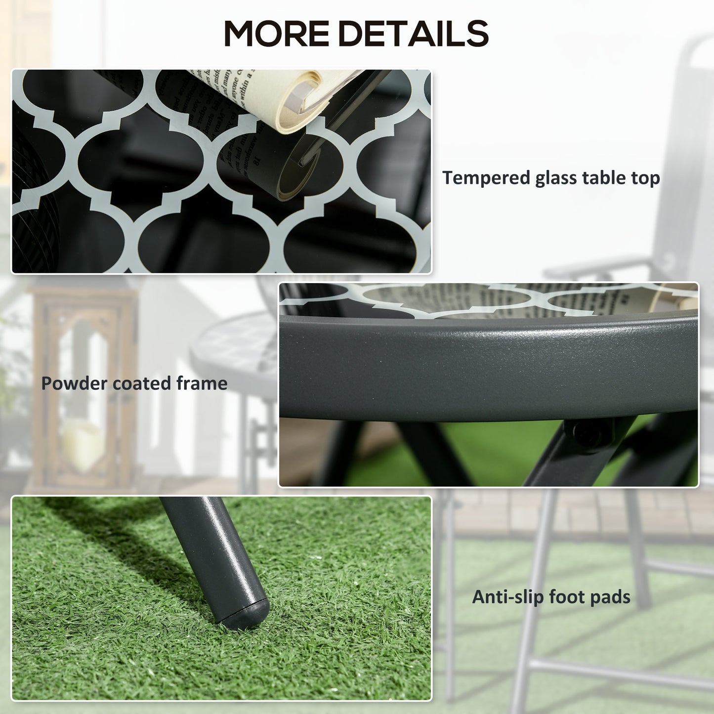 Outsunny Φ45cm Outdoor Side Table, Round Folding Patio Table with Imitation Marble Glass Top, Small Coffee Table, Black