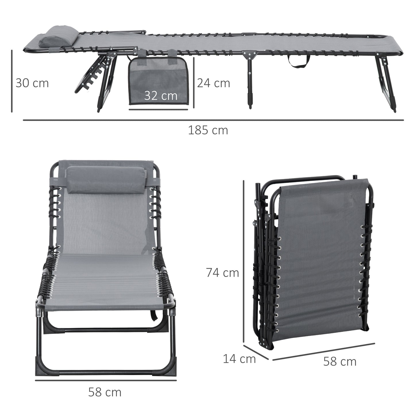 Outsunny Portable Sun Lounger, Folding , Reclining Lounge Chair 5-position Adjustable Backrest with Pillow for Patio Beach Pool, Grey