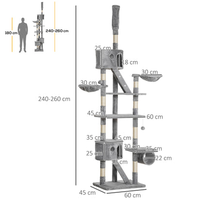 PawHut Floor to Ceiling Cat Tree for Indoor Cats 240-260cm Adjustable Height Light Grey