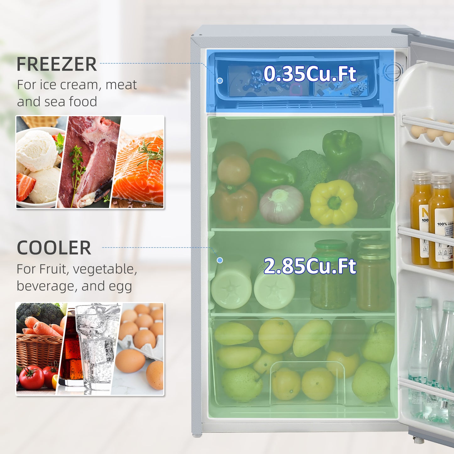 91 Litre Freestanding Under Counter Fridge Freezer With Chiller Box, Reversible Door, Adjustable Thermostat, 47.5cm W - Grey