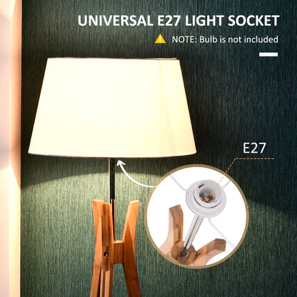 Tripod Floor Lamp Light E27 Base Bedroom Living Room Natural Wooden Fabric Shade Storage Shelf Foot Switch, 156cm, White