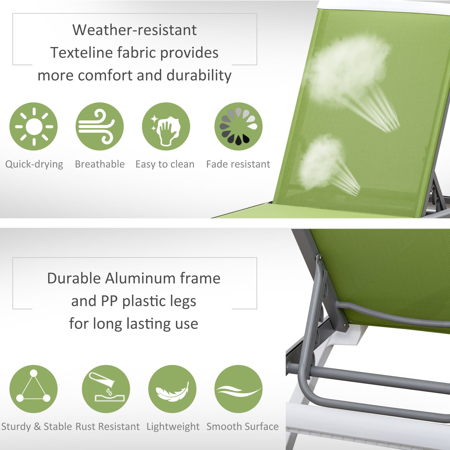 Outsunny Portable Outdoor Chaise Lounge Sun Lounger with Adjustable Back, Breathable Texteline, Green