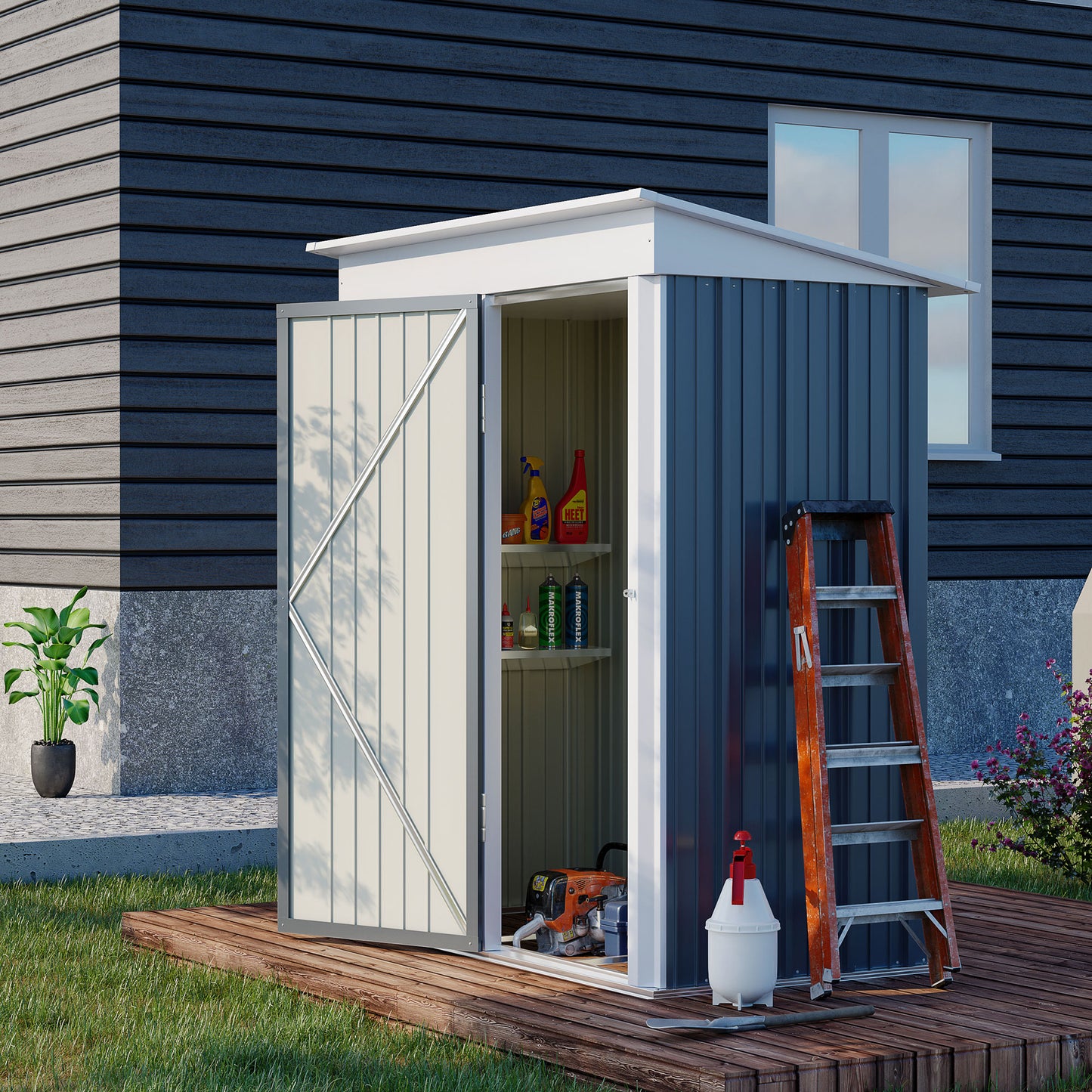 Outsunny Metal Garden Shed, Outdoor Lean-to Shed for Tool Motor Bike, with Adjustable Shelf, Lock, Gloves, 5'x3'x6',  Dark Grey