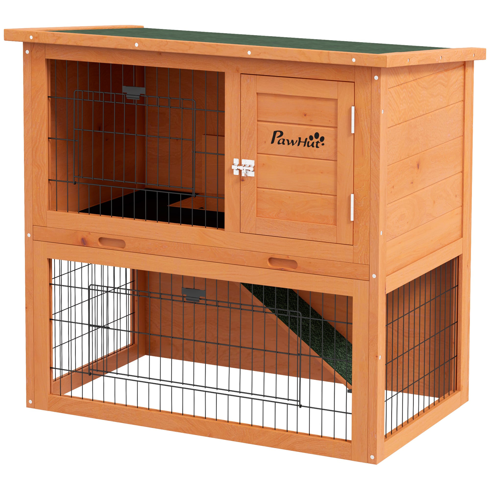 PawHut Two-Tier Antiseptic Wood Rabbit Hutch, 80cm Guinea Pig Hutch wi ...
