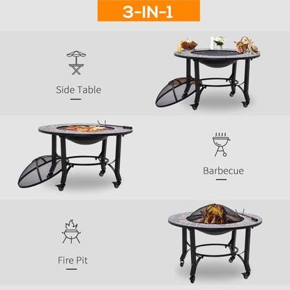 Outsunny 2-in-1 Outdoor Fire Pit on Wheels, Patio Heater with Cooking BBQ Grill, Firepit Bowl with Screen Cover, Fire Poker for Backyard Bonfire