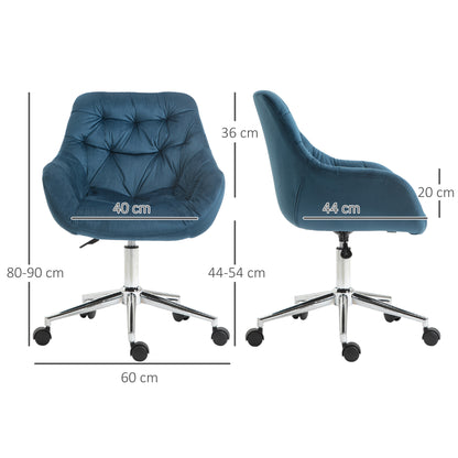 Velvet Office Chair | Button Tufted Curved Design | Padded Back & Armrests | 360° Swivel | 5 Wheels | Height Adjustable 44-54cm | 120kg | Blue