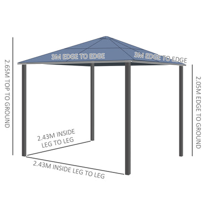 Outsunny 3 x 3(m) Hardtop Gazebo with UV Resistant Polycarbonate Roof & Aluminium Frame, Garden Pavilion with Mosquito Netting and Curtains