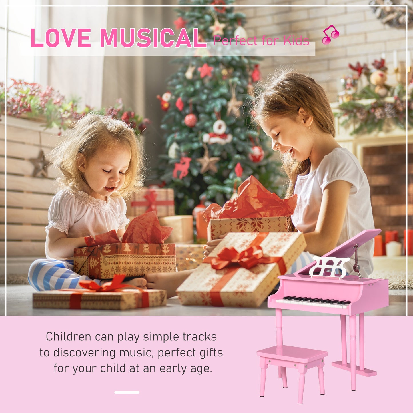 Modern Kids Piano 30 Keys Set of 2 Mini Toy for Child Grand Piano with Music Stand and Bench, Best Gifts Pink