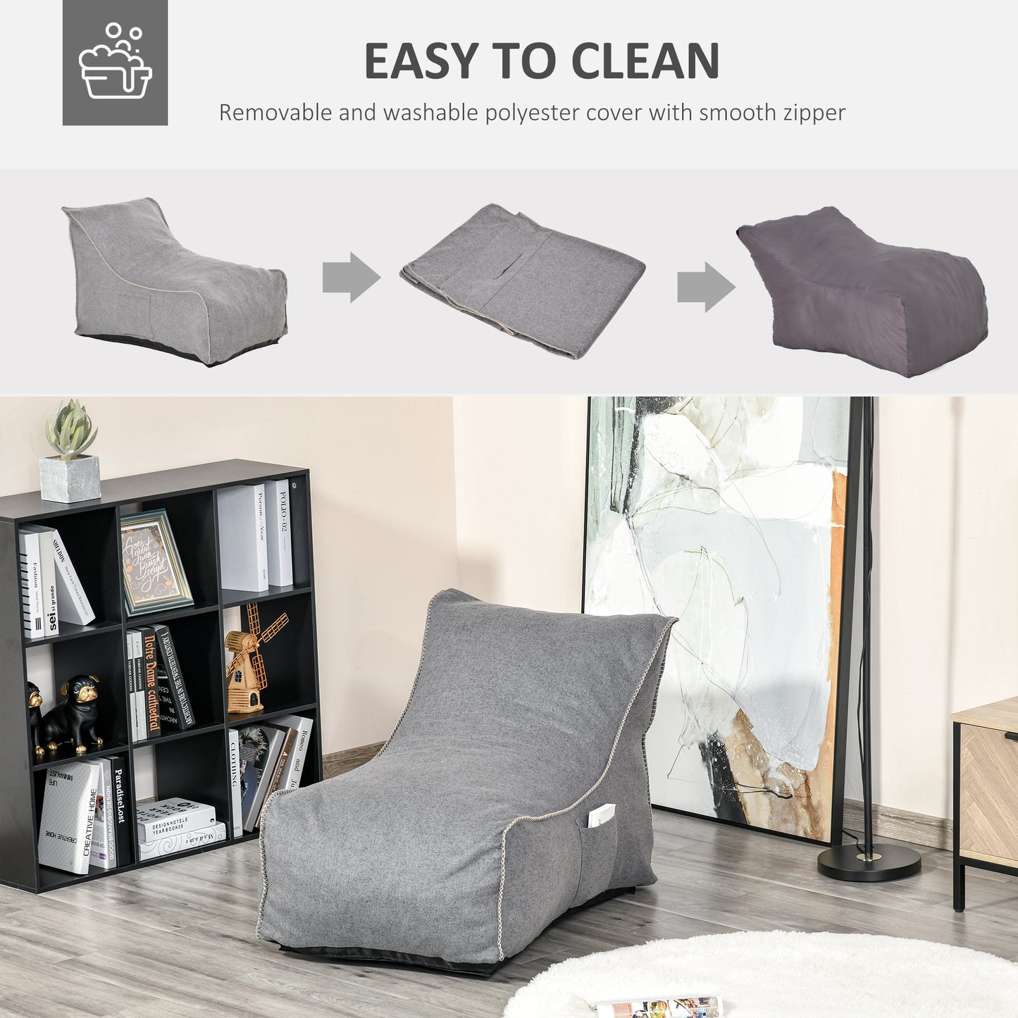 Bean Bag Chair, Large Foam Stuffed lounger Indoor Furniture with Washable Cover, Side Pockets and Backrest, Dark Grey