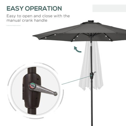 Outsunny Garden 24 LED Light Parasol Outdoor Tilt Sun Umbrella Patio Club Party Event Manual Sun Shade w/ Hand Crank Grey