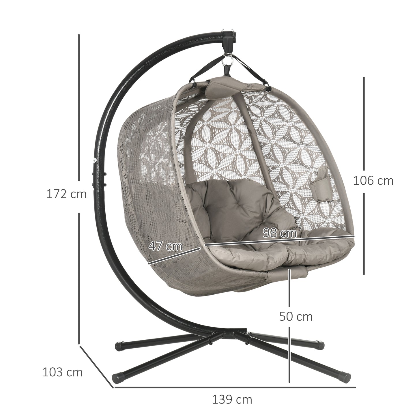 Outsunny Outdoor Double Hanging Chair, Swing Chair with Metal Stand, Thick Padded Cushion, Foldable Basket Cup Holders for Indoor Outdoor, Sand Brown