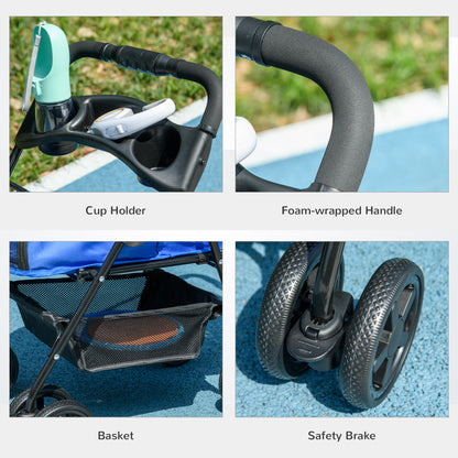 PawHut Pet Stroller Dog Cat Travel Pram Pushchair One-Click Fold Trolley Jogger with EVA Wheels Brake Basket Adjustable Canopy Safety Leash Blue