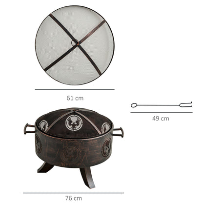 Outdoor Fire Pit Patio Heater Charcoal Log Wood Burner with Screen Cover, Fire Bowl with Poker for Backyard, Bronze Tone