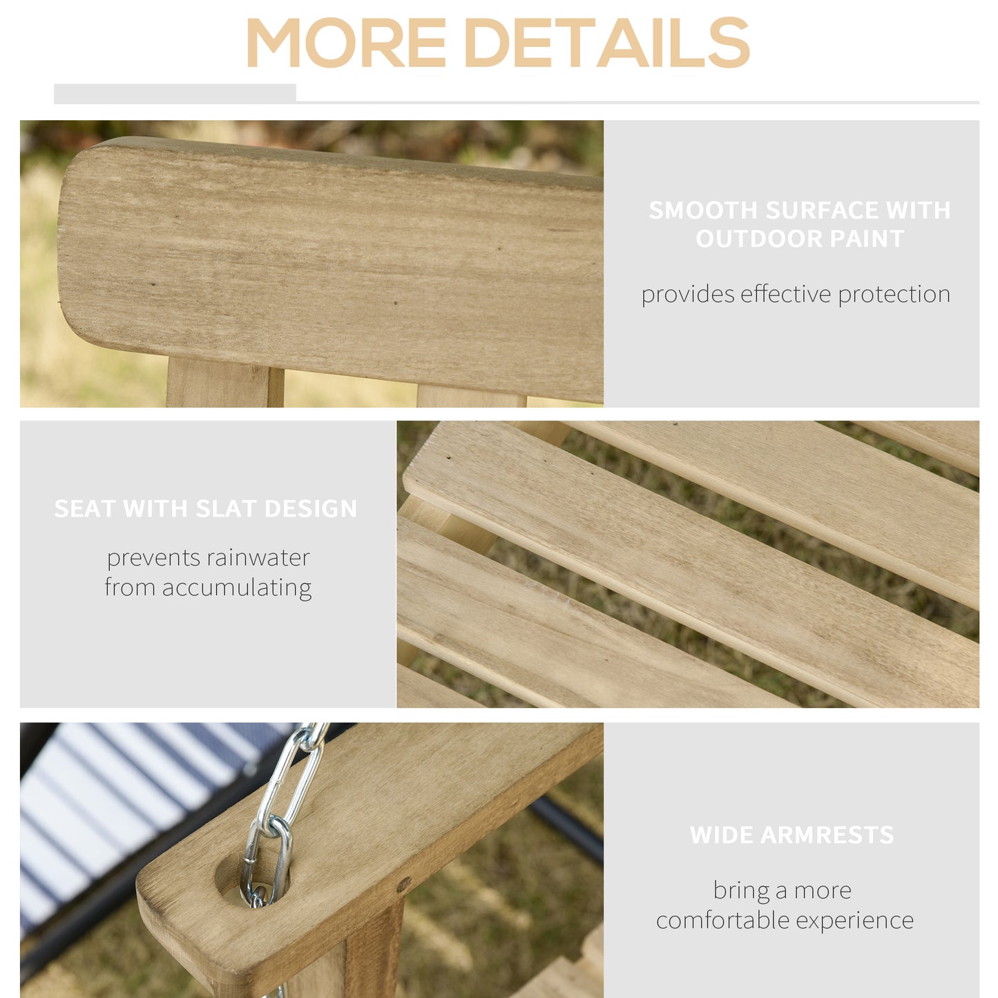 Outsunny Outdoor Wooden 2-Seater Porch Swing Chair Hanging Hammock Garden Furniture,Natural Porch Bench Chains