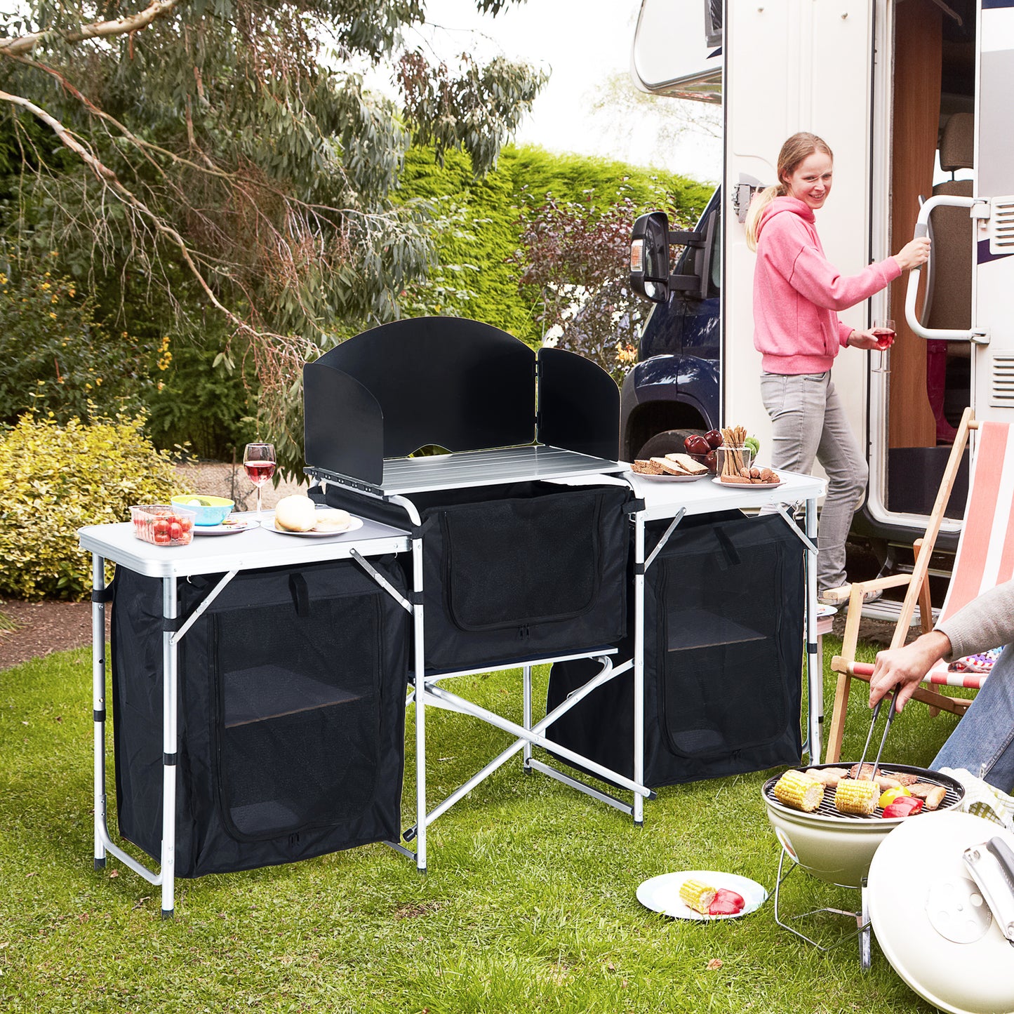 Outsunny Folding Camping Kitchen Cooking Table With Windscreen, Enclosed Cupboards, Aluminium Frame for BBQ, Party, Picnic