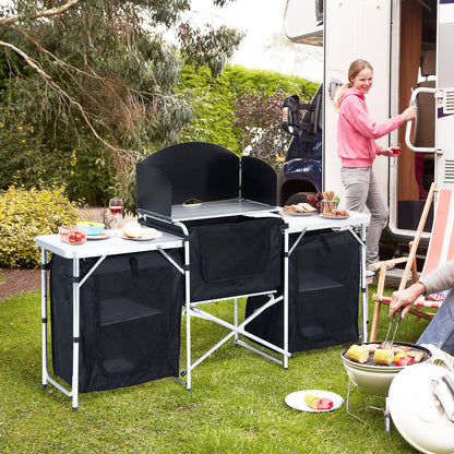 Outsunny Folding Camping Kitchen Cooking Table With Windscreen, Enclosed Cupboards, Aluminium Frame for BBQ, Party, Picnic