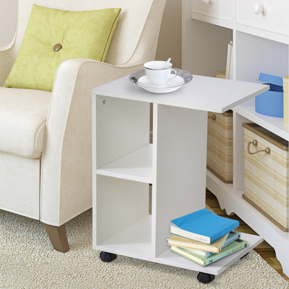 C - Shape End Table Unique Storage Unit w/ 2 Shelves 4 Wheels Freestanding Home Office Furniture Cabinet Square Studio White