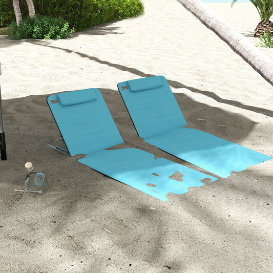 Outsunny Metal Frame PE Fabric 2 Pieces Outdoor Beach Reclining Chair Set w/ Pillow Light Blue