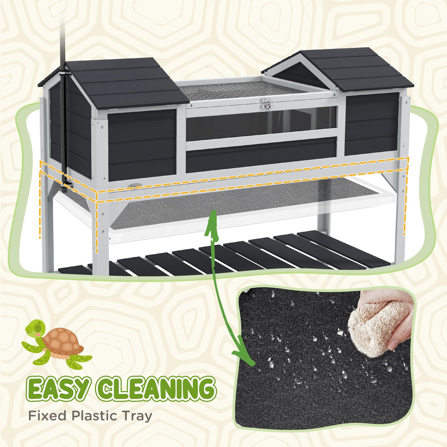 PawHut Wooden Tortoise Enclosure with Adjustable Lamp Holder, Openable Lid, Dual Main Houses, Storage Shelf, Fixed Tray - Grey