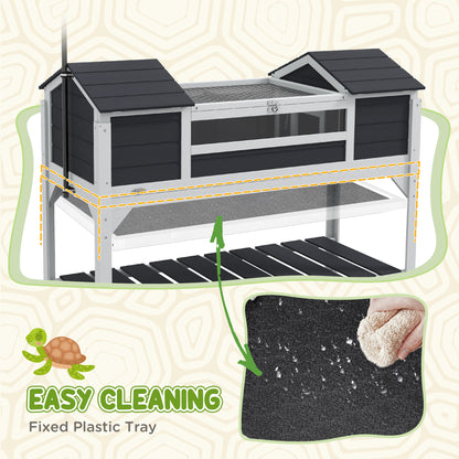 PawHut Wooden Tortoise Enclosure with Adjustable Lamp Holder, Openable Lid, Dual Main Houses, Storage Shelf, Fixed Tray - Grey