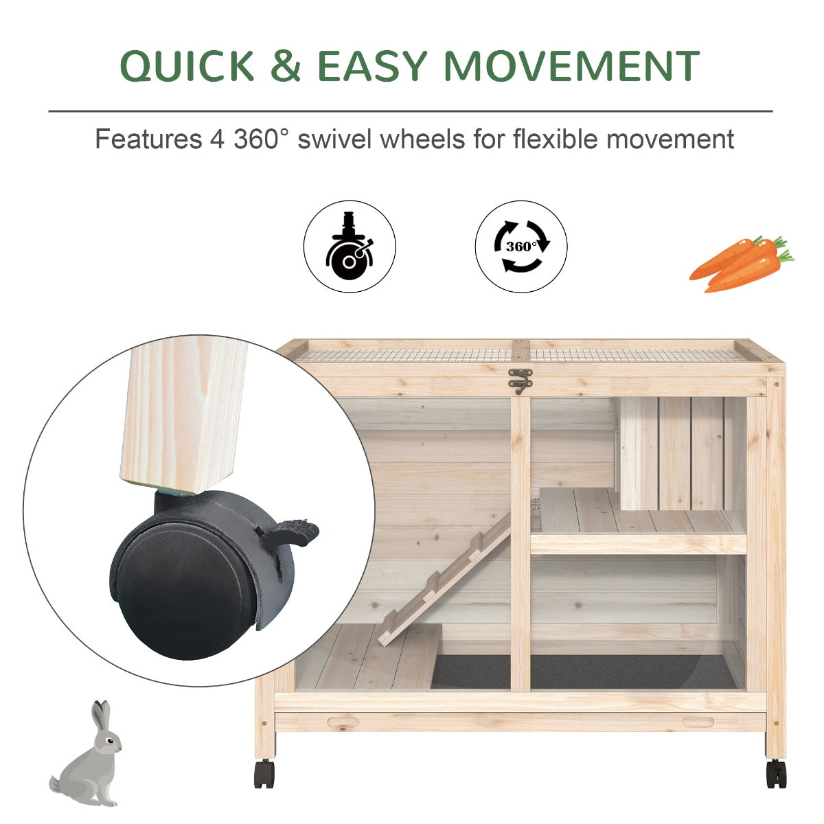 PawHut Wooden Rabbit Hutch Guinea Pigs House Bunny Small Animal Cage W/ Pull-out Tray Openable Roof And Wheels 91.5 x 53.3 x 73 cm